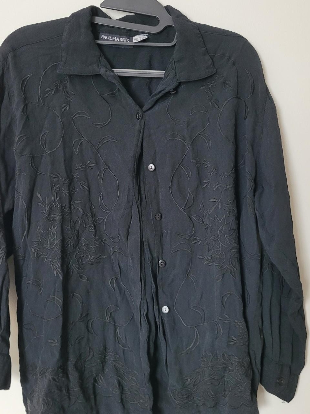 Paul Harris Black Embroidered Button-Down Blouse